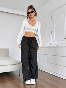 SHEIN EZwear 頂針缺口領短款T恤 - 白色 - 查看 4