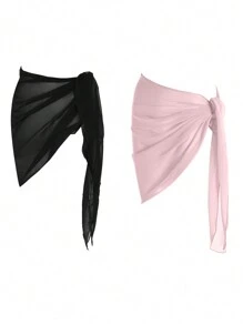 Swim Mod 夏日海滩 2 件装纯色侧边结饰罩衫裙 - 彩色 - 查看 2