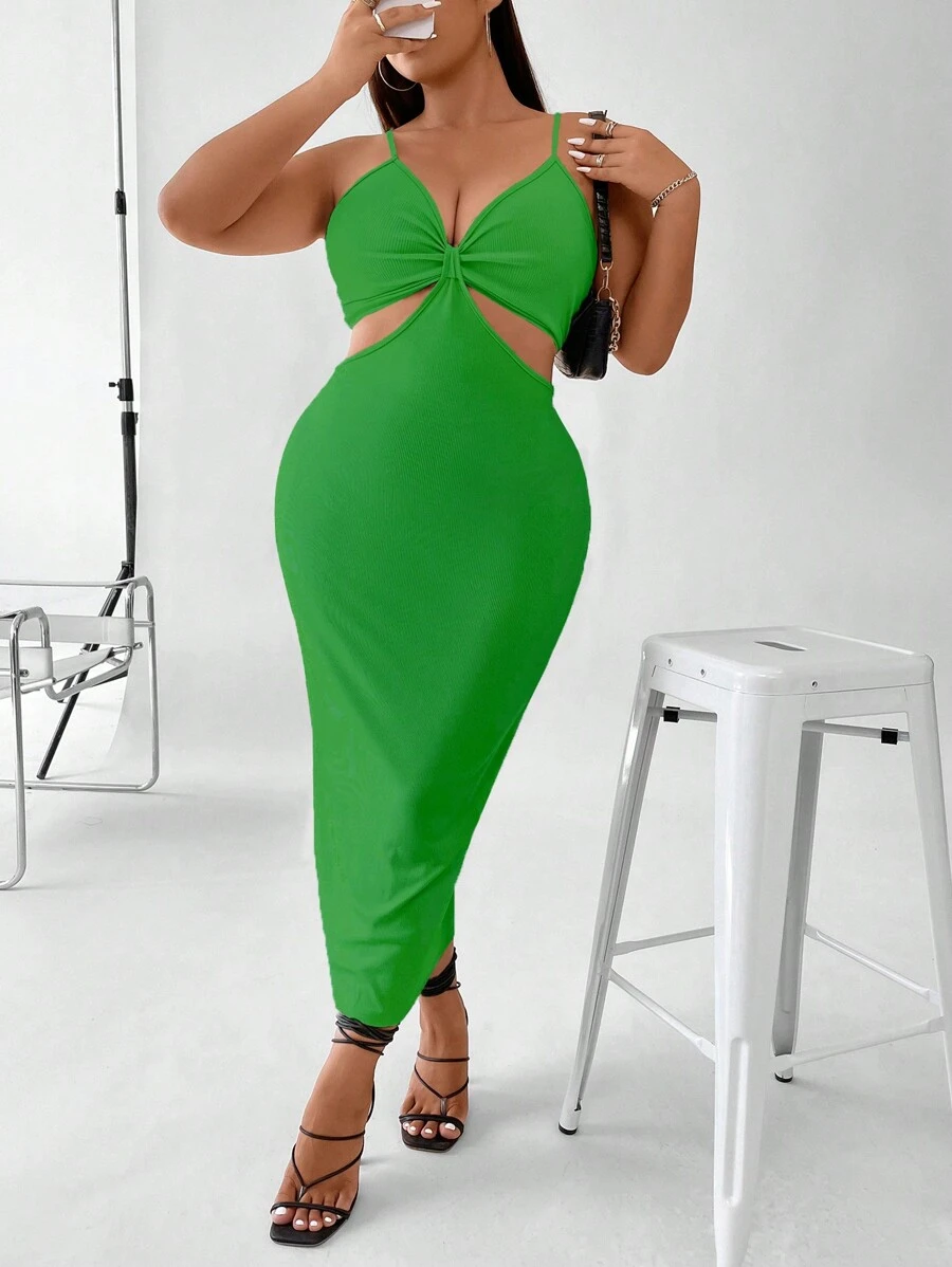 Celure Plus Cut Out Waist Cami Bodycon Dress - Green - View 1