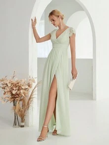 Cross V-Neck Lace Rhinestone Pleated Chiffon A-Line Long Dress With Slit - Mint Green - View 4