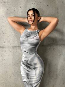 SHEIN ICON Marble Print Bodycon Long Dress - Multicolor - View 5