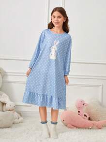 Tween Girl Polka Dot And Rabbit Print Ruffle Hem Nightdress Holiday Travel Releax Summer Clothes - Baby Blue - View 3