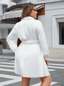 SHEIN Essnce 大碼素色前紐扣襯衫洋裝 - 白色 - 查看 6