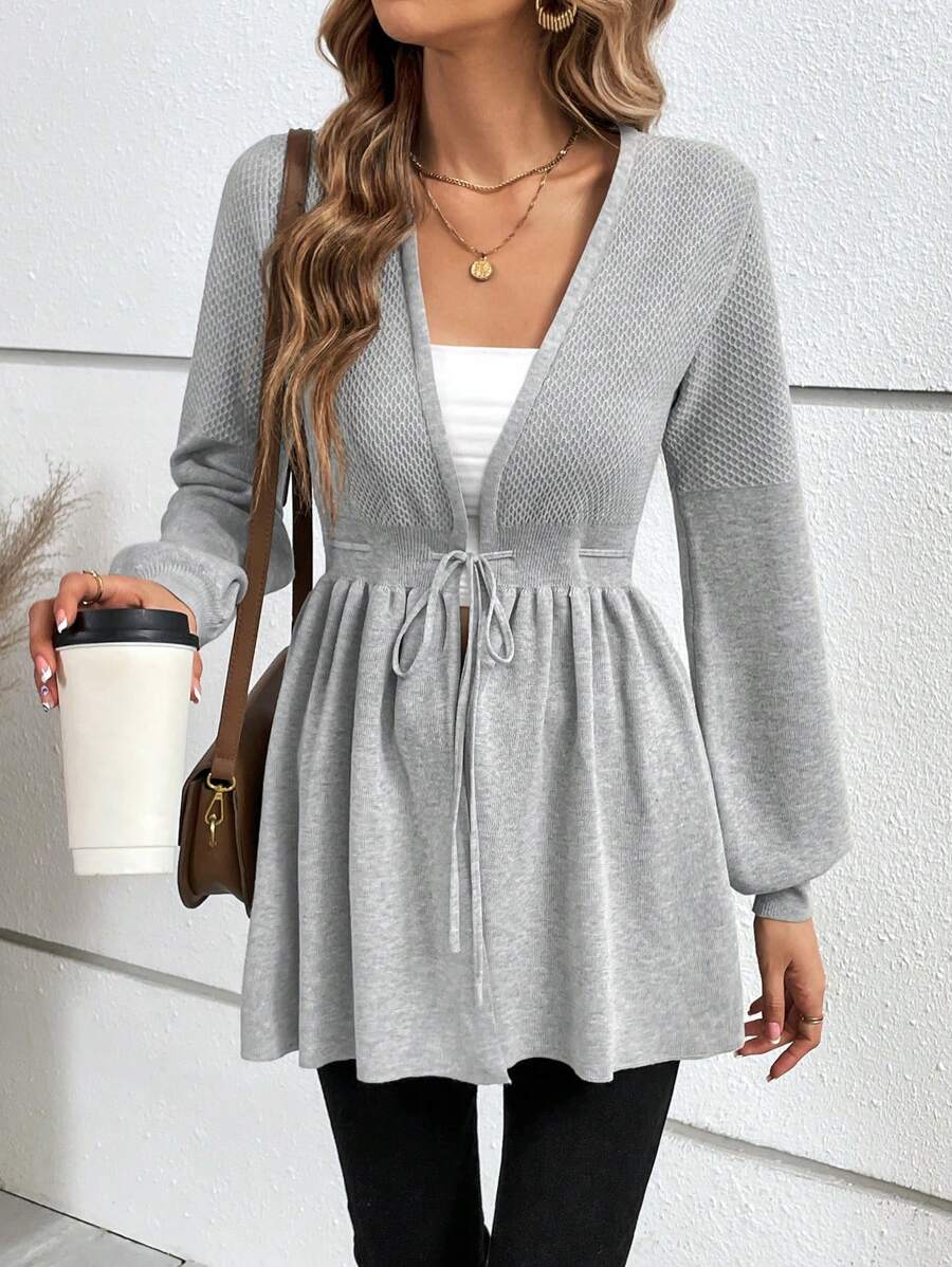 SHEIN Frenchy Solid Drawstring Waist Cardigan - Grey - View 1