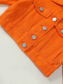 SHEIN Explorewe Chica Joven 1 pieza Cazadora mezclilla desgarro con diseño de solapa - Naranja - Ver 6