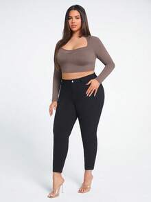 SHEIN BAE 大碼高腰緊身牛仔褲 - 黑色 - 查看 6