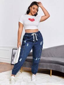 SHEIN 大碼腰部抽繩破洞側翻蓋口袋工裝牛仔褲 - 深色水洗藍 - 查看 3