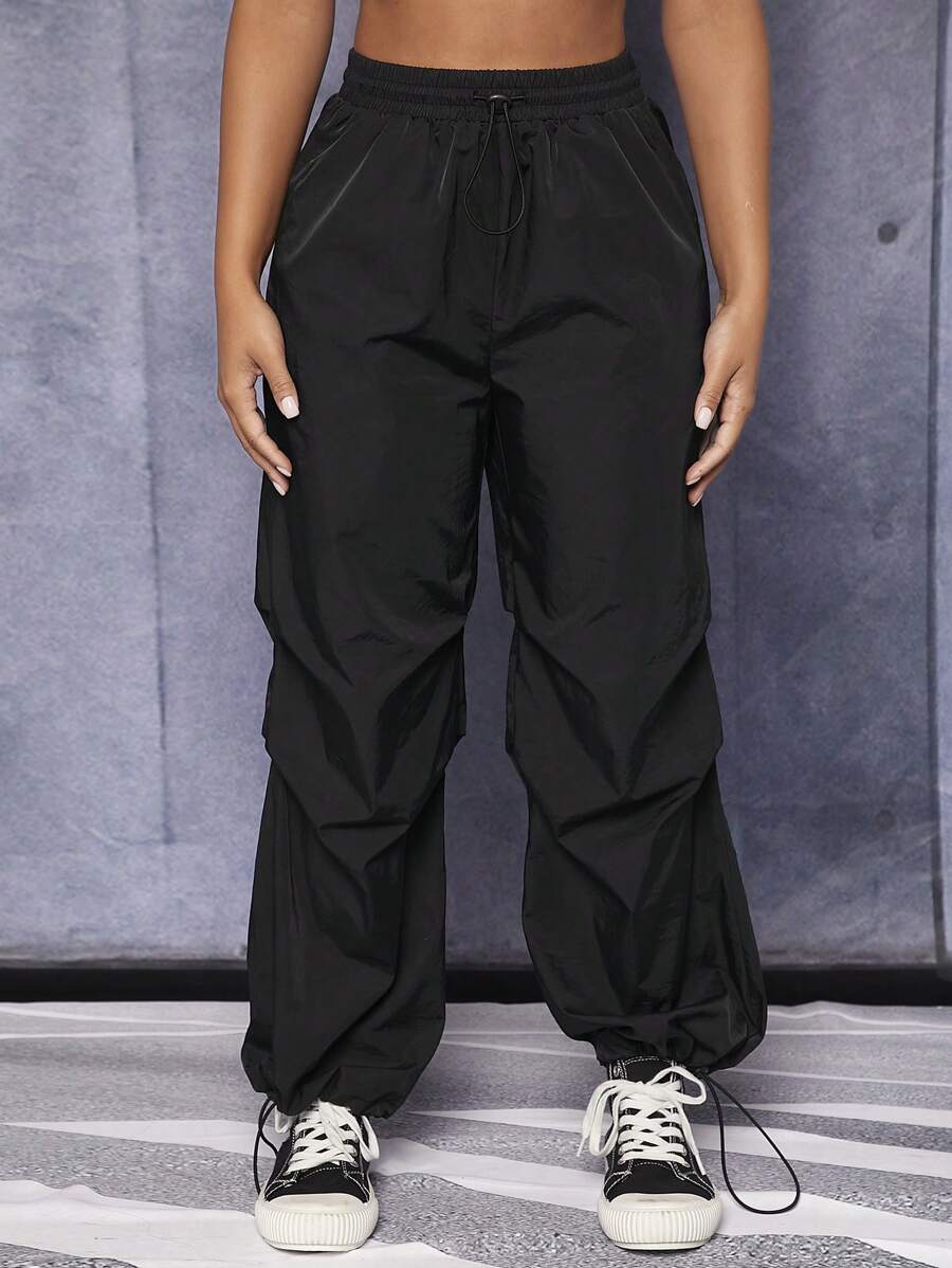 SHEIN PETITE Drawstring Waist Windbreaker Black Pants - Black - View 1