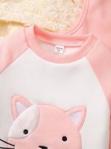 SHEIN Young Girl Embroidery Cartoon Pattern Raglan Sleeve Pullover & Sweatpants & 3D Ear Design Thermal Lined Hooded Jacket