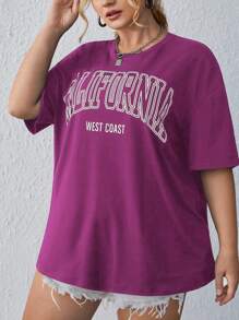 SHEIN EZwear Plus Letter Graphic Drop Shoulder California Tee - Hot Pink - View 4