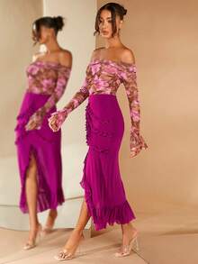 SHEIN BAE Frill Trim Split Thigh Ruffle Hem Skirt - Red Violet - View 4