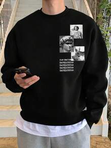 Manfinity Homme Sudadera holgada de manga larga con gráfico de letras casual de caída de hombros para hombre, regalo para el novio, para el otoño - Negro - Ver 1