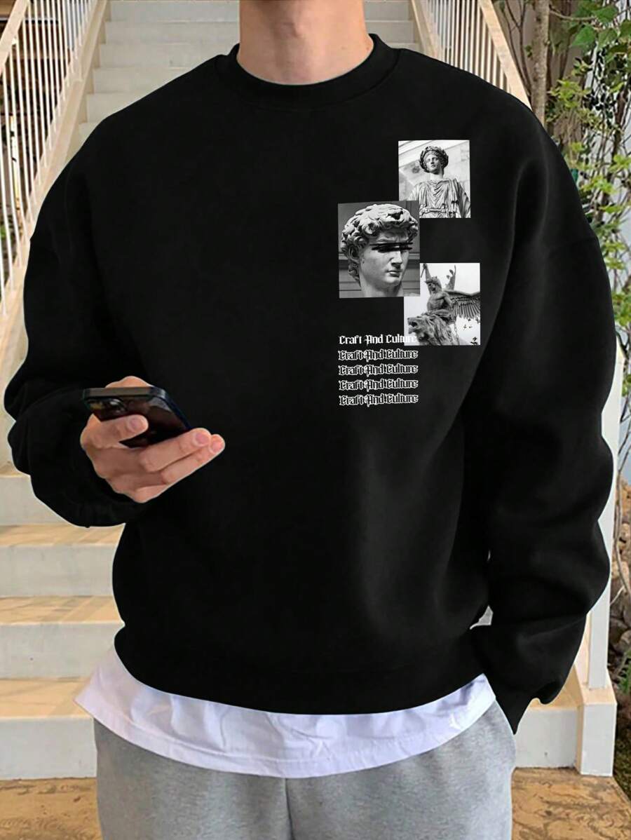 Manfinity Homme Sudadera holgada de manga larga con gráfico de letras casual de caída de hombros para hombre, regalo para el novio, para el otoño - Negro - Ver 1