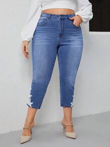 SHEIN LUNE Plus Floral Lace Skinny Jeans - Medium Wash - View 4