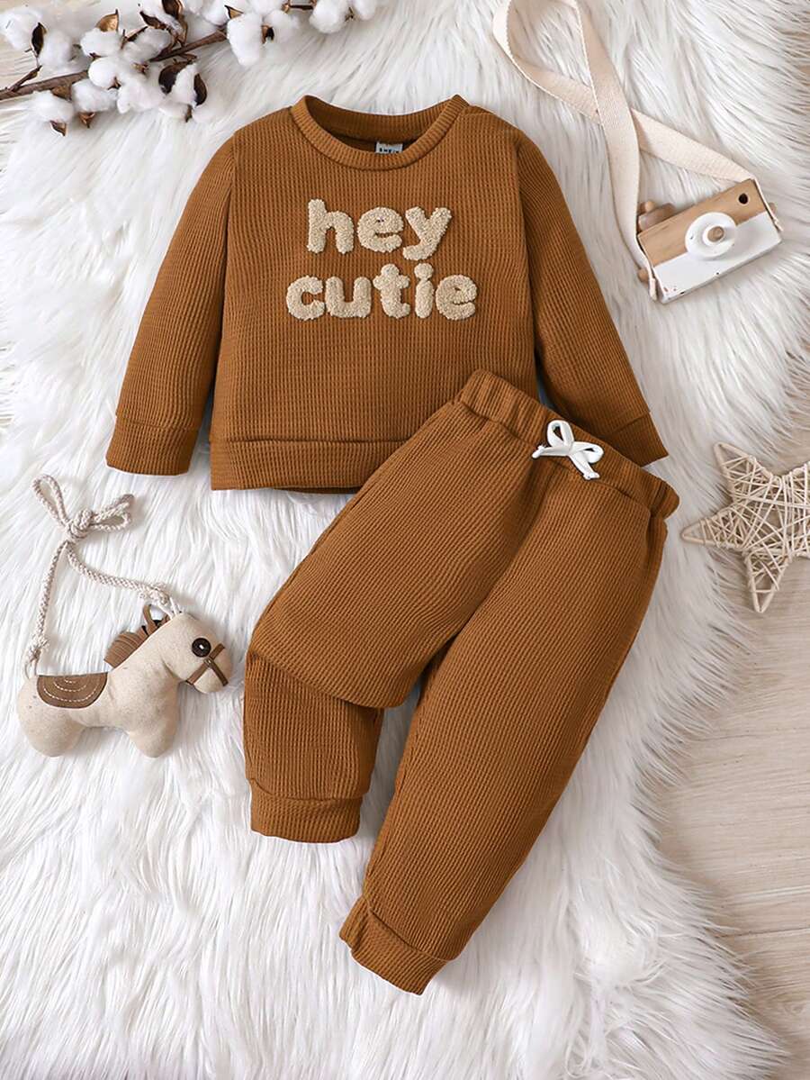 Baby Boy Letter Flocked Sweatshirt & Bow Front Sweatpants - Brown - View 1