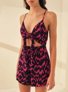 SHE(IN) BRASIL Allover Print Knot Front Cut Out Cami Romper - 彩色 - 查看 8