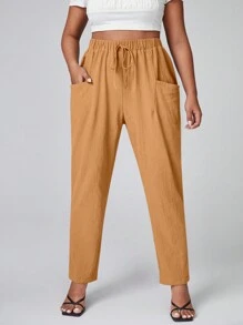 SHEIN LUNE Plus Knit Waist Pocket Patched Pants - Mustard Yellow - View 2