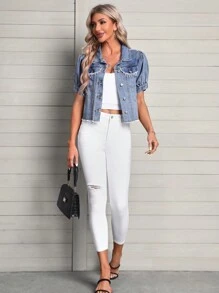 SHEIN LUNE Chi tiết về Flap Cắt Thô Áo khoác denim - Rửa nhẹ - Xem 2