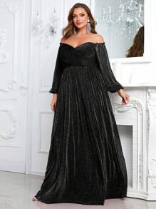 YISIKADO 大码女式露肩亮片正式晚礼服舞会礼服长袖闪亮礼服优雅长裙婚礼宾客毕业宴会晚宴 - 黑色 - 查看 3