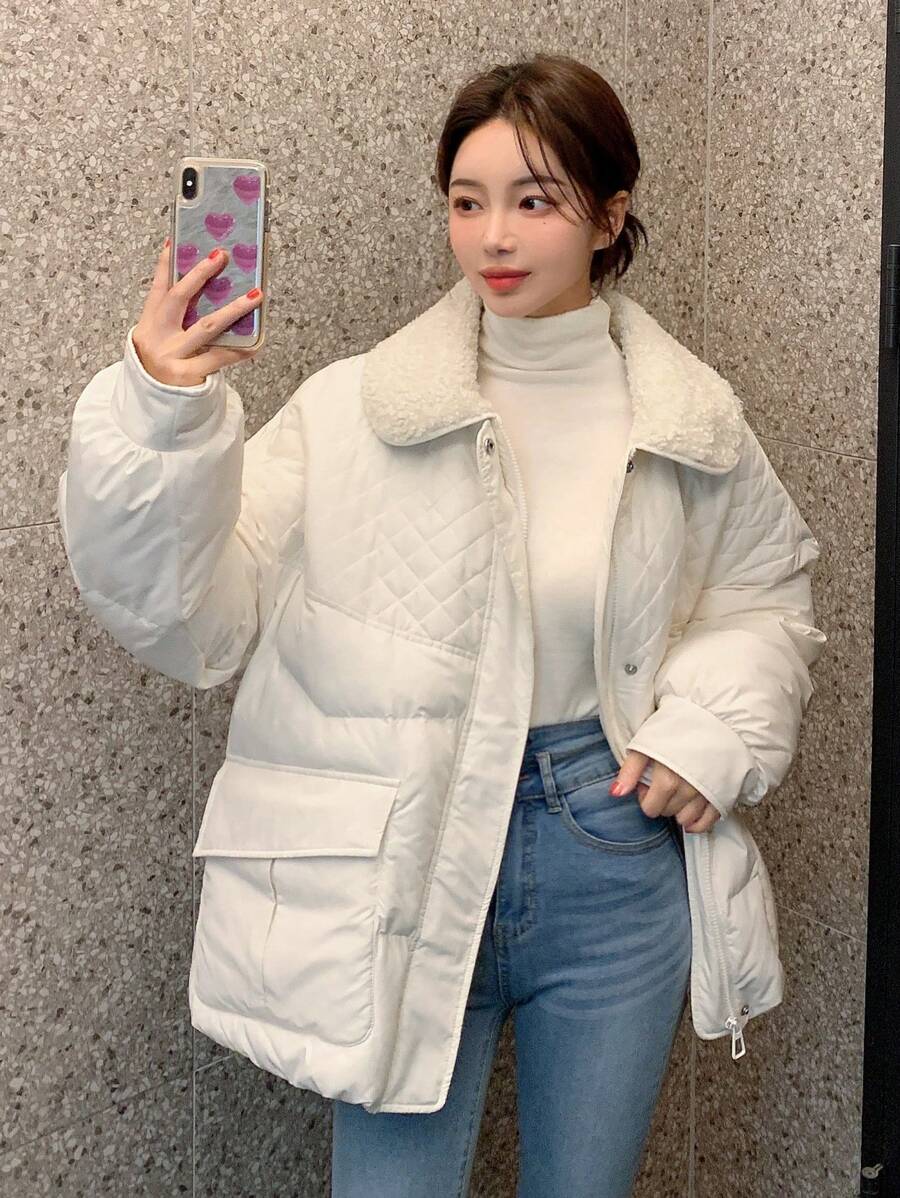 DAZY Flap Pocket Drop Shoulder Puffer Pockets Coat ,Winter Women Clothes,Winter Coat Women - White - View 1