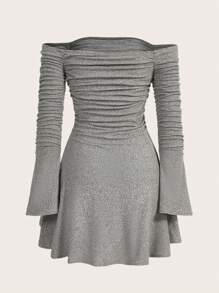 SHEIN ICON Vestido de hombros descubiertos de manga amplia fruncido - Gris - Ver 3