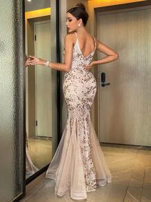 SHEIN Belle 網紗拼接亮片吊帶正式洋裝 - 杏色 - 查看 2