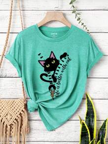 INAWLY Talla grande Camiseta con estampado de dibujos animados y slogan - Azul Cadete - Ver 1