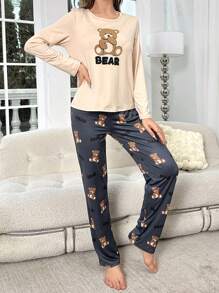Bear & Letter Graphic PJ Set / Pajama Set - Multicolor - View 4