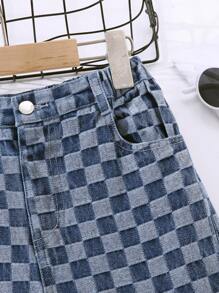 女大童棋盤格彈性腰帶闊腿牛仔褲 - 中等水洗藍 - 查看 3