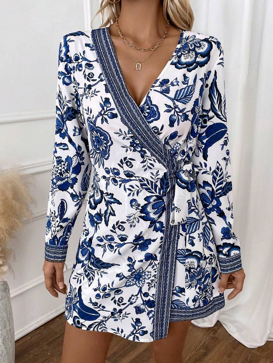 SHEIN LUNE 印花圍裹側打結連身短褲 - 藍色 - 查看 1