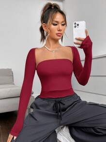 SHEIN EZwear Chất rắn Cổ vuông Top Cây trồng - Màu Đỏ Sâu - Xem 4
