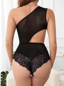 Contrast Mesh Cut Out One Shoulder Lace Teddy Bodysuit - Black - View 2