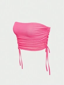 SHEIN Privé Bên dây rút Xù Ống ngọn - Hồng - Xem 3