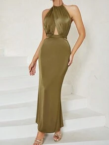 Cut Tie-Up Crossover Open-Back Hang-Pleated Dress - Olive Green - View 4