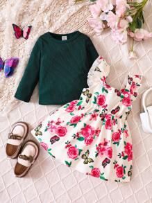 Bebé niña Camiseta unicolor & con estampado floral ribete con fruncido Vestido overol - Multicolor - Ver 3