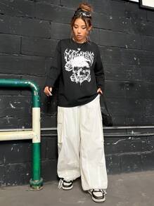 SHEIN Coolane 骷髏頭和字母圖案落肩T恤 - 黑色 - 查看 3