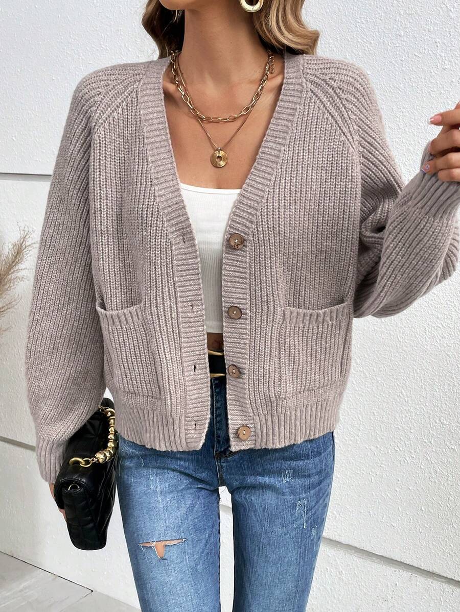 SHEIN Frenchy Raglan Sleeve Pocket Patched Cardigan - Apricot - View 1