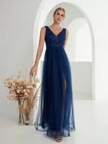 Contrast Sequin Mesh Bridesmaid Dress - Royal Blue - View 3