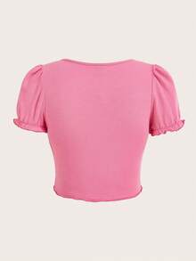 SHEIN Qutie Cổ vuông Ren Mộc nhĩ Áo phông Crop - Hồng - Xem 2