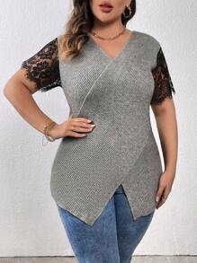 SHEIN LUNE Plus Contrast Lace Wrap Hem Sweater Knit Pullover Fall Winter Sweater - Grey - View 1