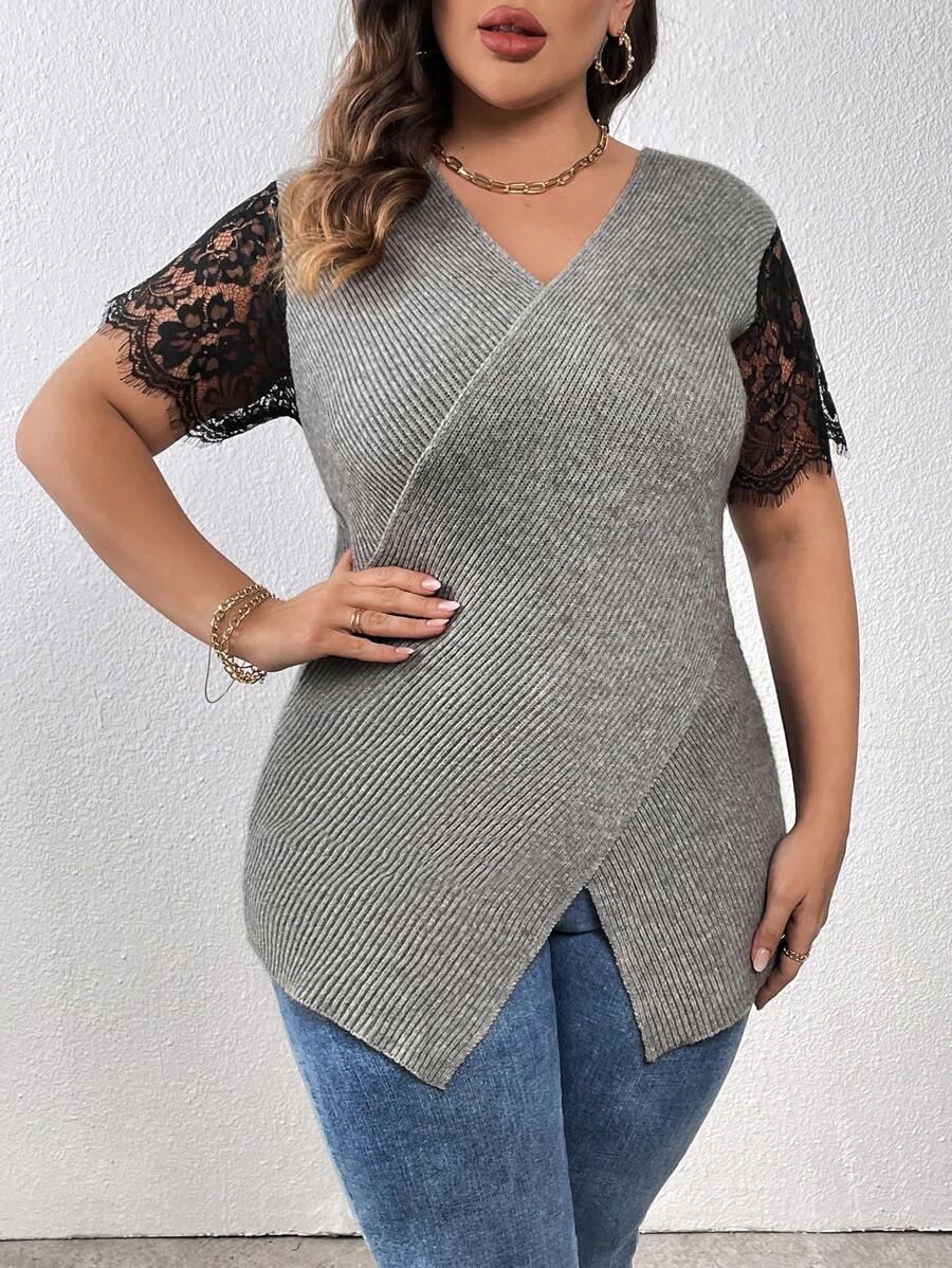 SHEIN LUNE Plus Contrast Lace Wrap Hem Sweater Knit Pullover Fall Winter Sweater - Grey - View 1