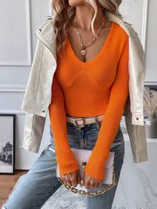 SHEIN Essnce Chất rắn Đồ đan Ribbed Áo len Crop - trái cam - Xem 4