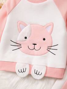 SHEIN Young Girl Embroidery Cartoon Pattern Raglan Sleeve Pullover & Sweatpants & 3D Ear Design Thermal Lined Hooded Jacket