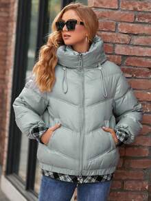 GASMAN Áo khoác có mũ trùm đầu in họa tiết kẻ caro có dây rút và khóa kéo - Màu xanh Bạc hà - Xem 4