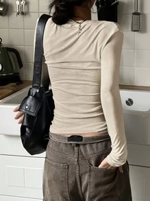 DAZY Solid Ribbed Knit Tee,Fall Clothes,Back To School Clothes Long Sleeve Women Tops - Beige - View 2