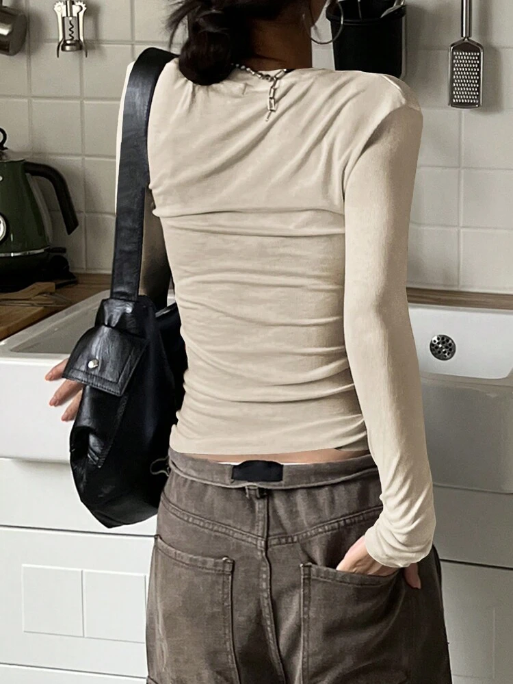 Solid Ribbed Knit Tee,Fall Clothes,Back To School Clothes Long Sleeve Women Tops