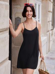 SHEIN Frenchy Backless Solid Cami Dress Summer Black - Black - View 1