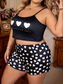 加大爱心印花吊带背心和短裤睡衣套装 / 睡衣套装 - 黑色 - 查看 4