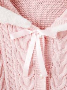 ROMWE Kawaii Cable Knit Himekaji Contrast Fuzzy Trim Hooded Cardigan, School - Pink - View 4