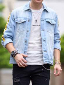 Manfinity Homme Men Flap Pocket Contrast Side Seam Denim Jacket - Light Wash - View 4